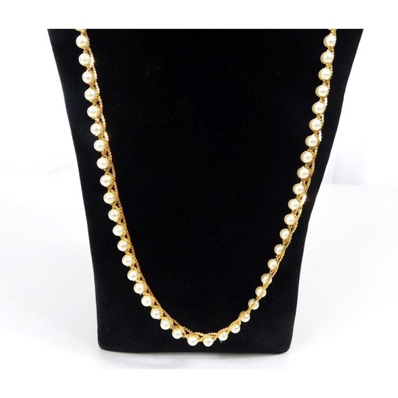 Vintage Signed Napier Faux Pearl Woven Gold Tone Necklace Chain 24" - Picture 2 of 9
